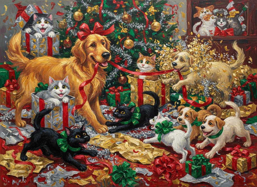 Unisex sweatshirt/Pet chaos opening presents.