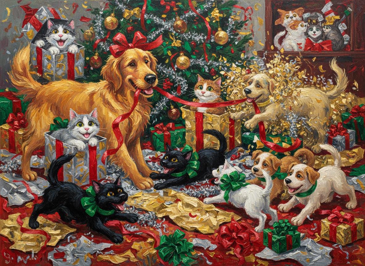 Unisex sweatshirt/Pet chaos opening presents.