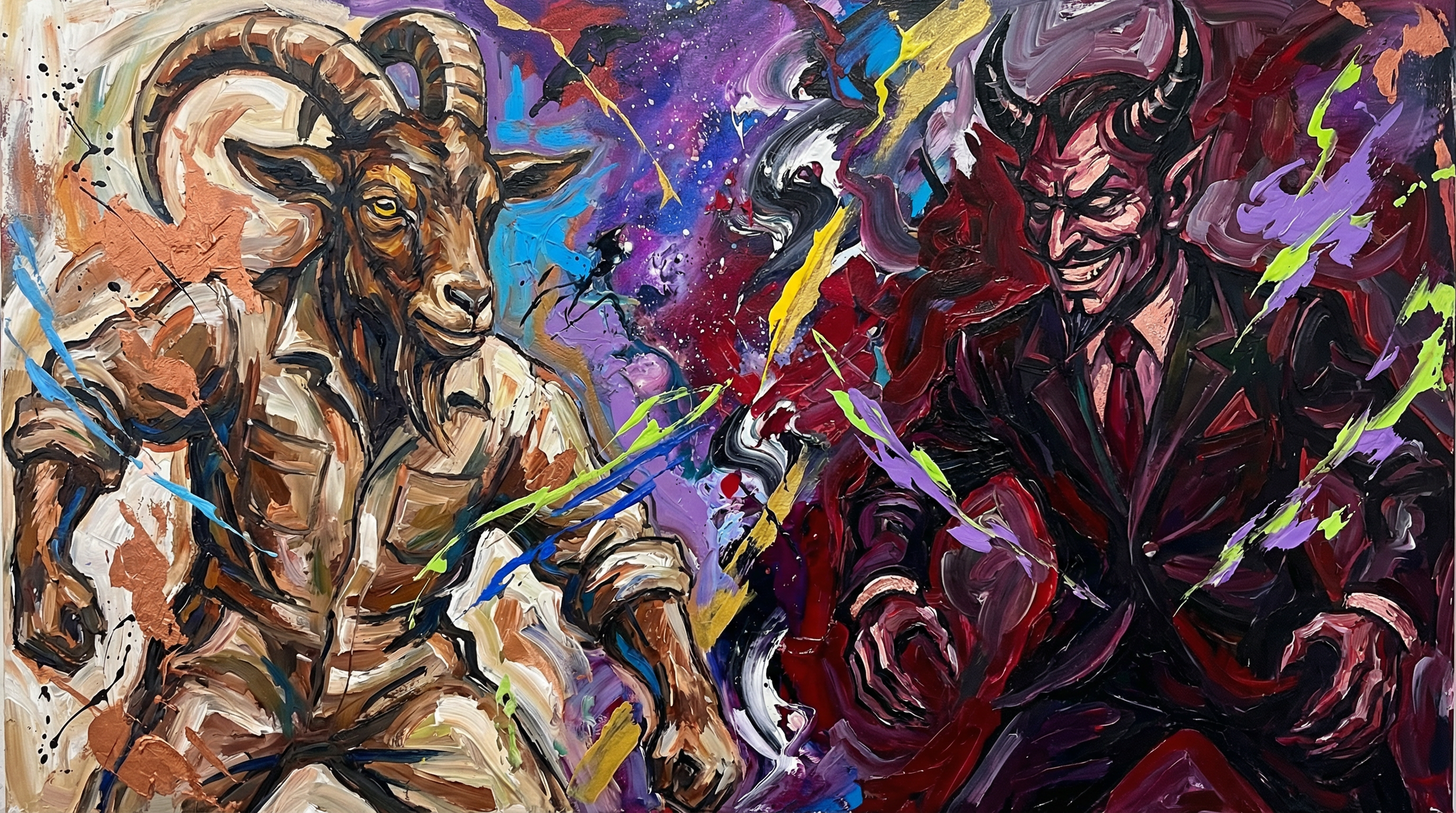 Neo-expressionism of Goat confronting the Devil over man's soul. on canvas.